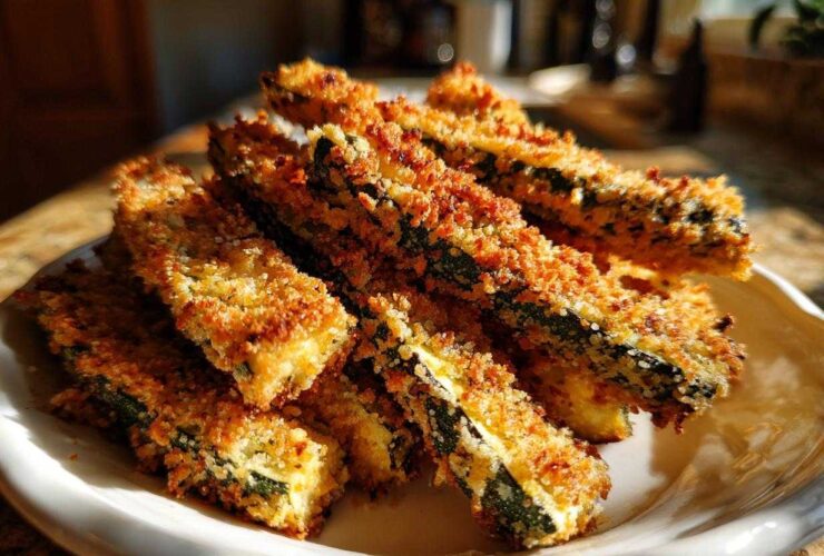 A close-up of golden brown Air Fryer Crispy Parmesan Crusted Zucchini Spears piled on a white dish.
