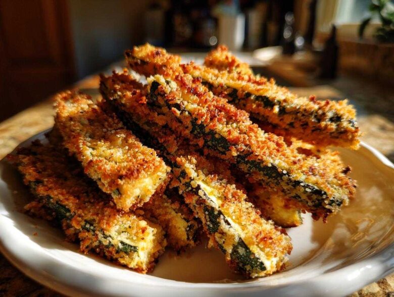 A close-up of golden brown Air Fryer Crispy Parmesan Crusted Zucchini Spears piled on a white dish.
