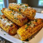 Close-up of Air Fryer Crispy Parmesan Garlic Corn Ribs stacked on a white plate, topped with grated cheese and parsley.