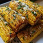 Close-up of several Air Fryer Crispy Parmesan Garlic Corn Ribs seasoned with cheese and parsley.