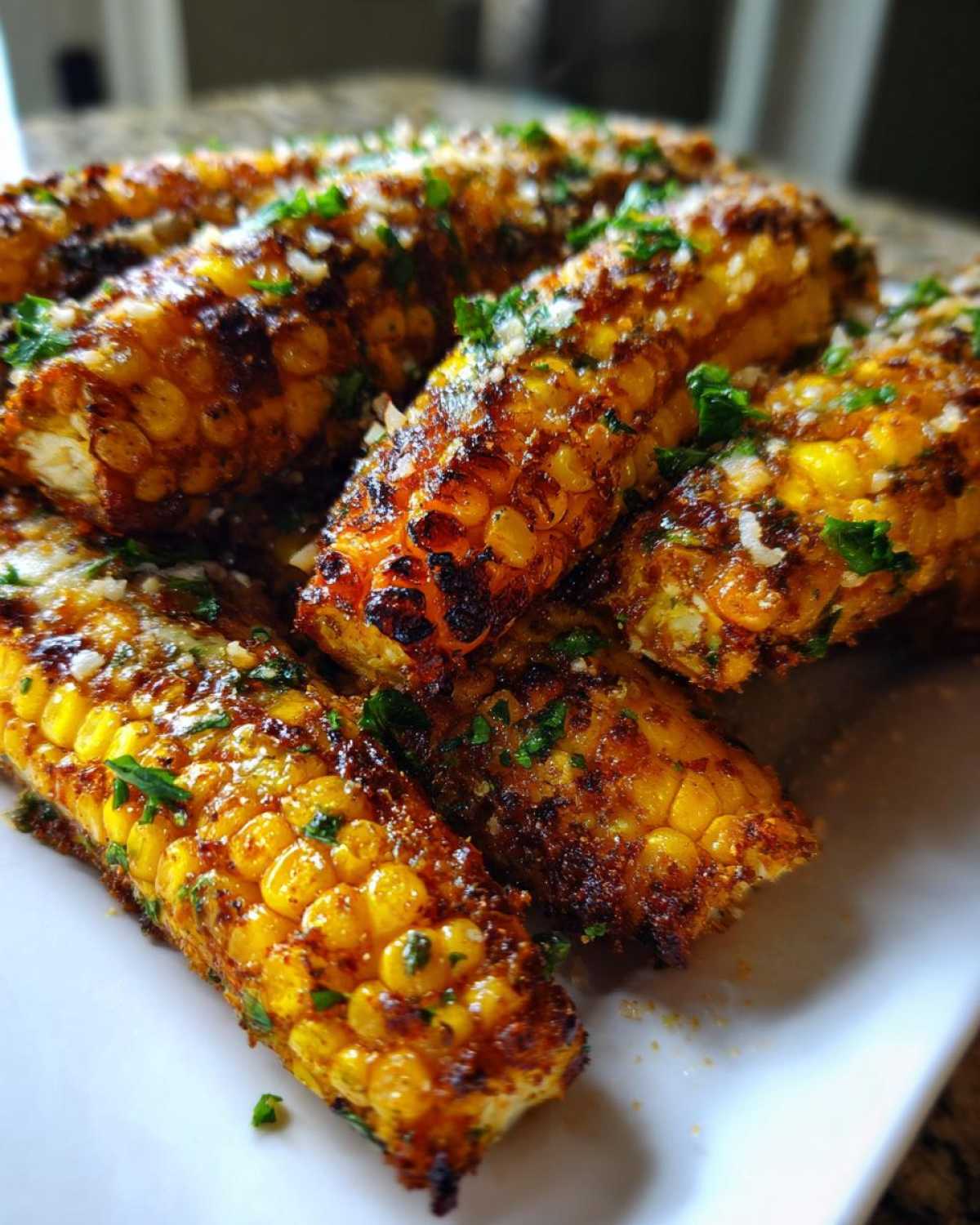 Close-up of several Air Fryer Crispy Parmesan Garlic Corn Ribs, charred and topped with grated cheese and fresh parsley.