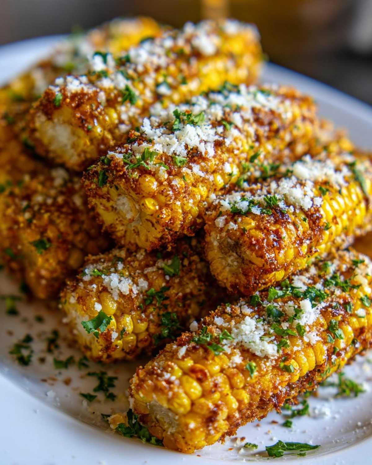 Close-up of golden brown Air Fryer Crispy Parmesan Garlic Corn Ribs topped with grated cheese and parsley.