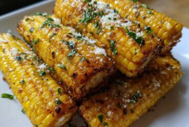 Close-up of several Air Fryer Crispy Parmesan Garlic Corn Ribs seasoned with cheese and parsley.