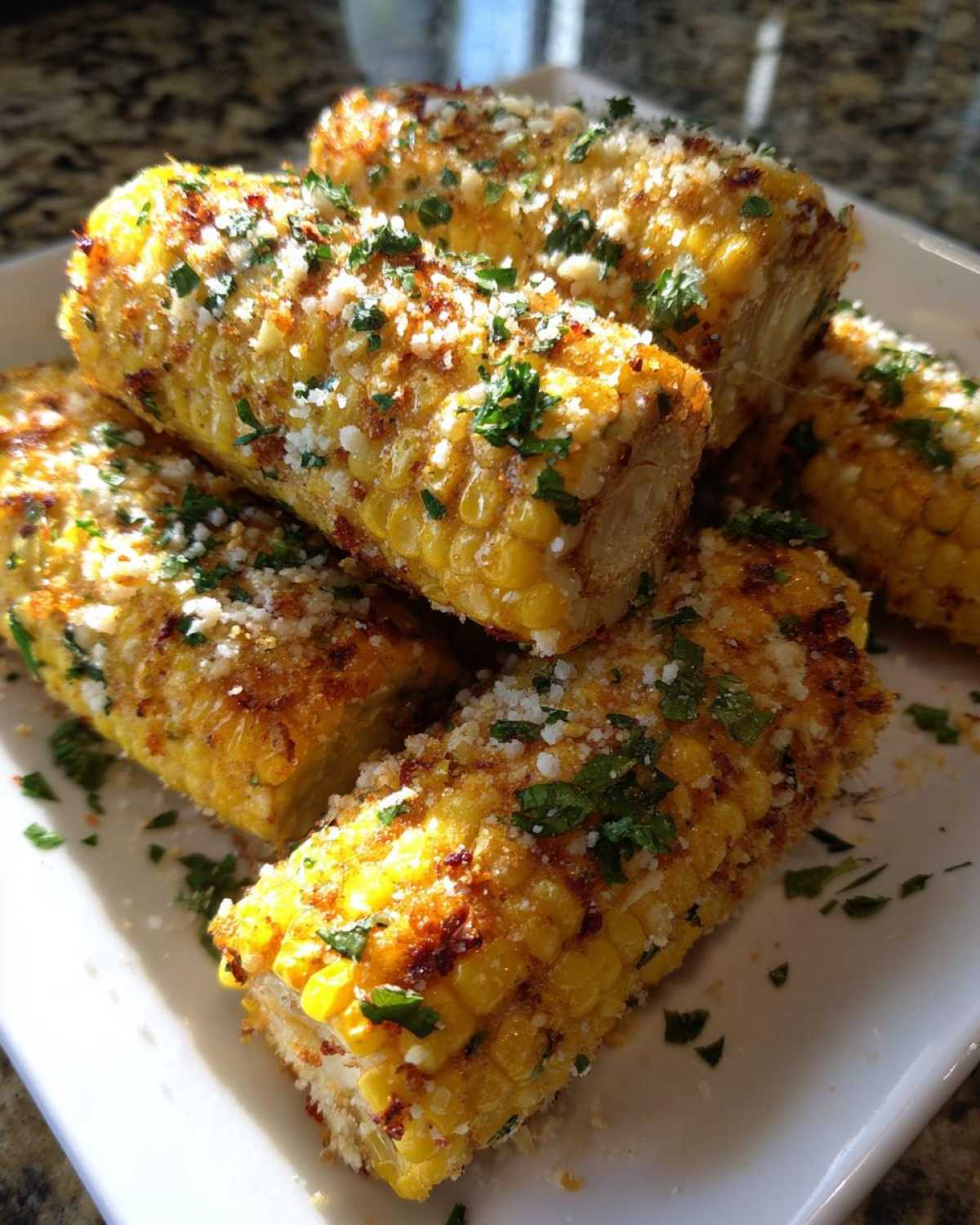 Close-up of several Air Fryer Crispy Parmesan Garlic Corn Ribs stacked on a white plate, topped with cheese and parsley.