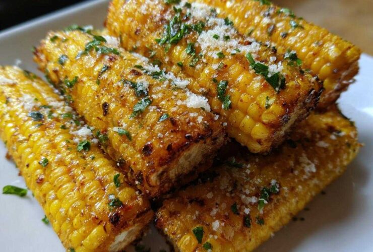 Close-up of several Air Fryer Crispy Parmesan Garlic Corn Ribs seasoned with cheese and parsley.
