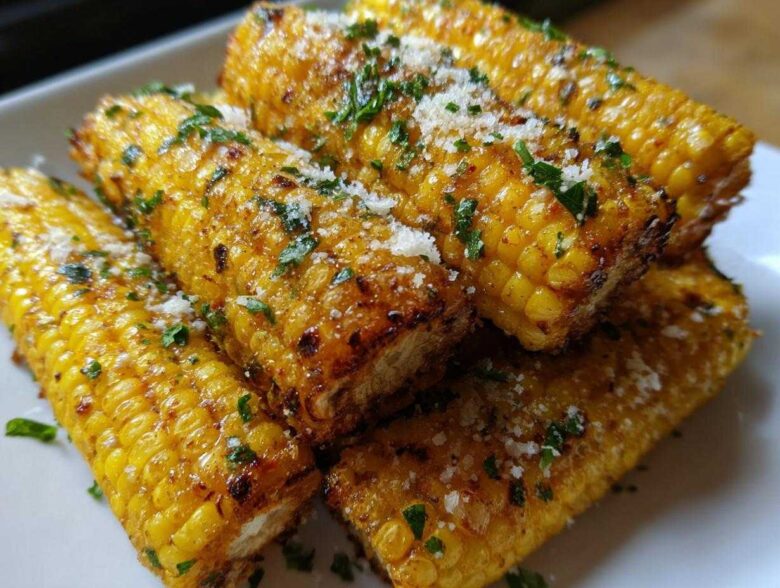 Close-up of several Air Fryer Crispy Parmesan Garlic Corn Ribs seasoned with cheese and parsley.