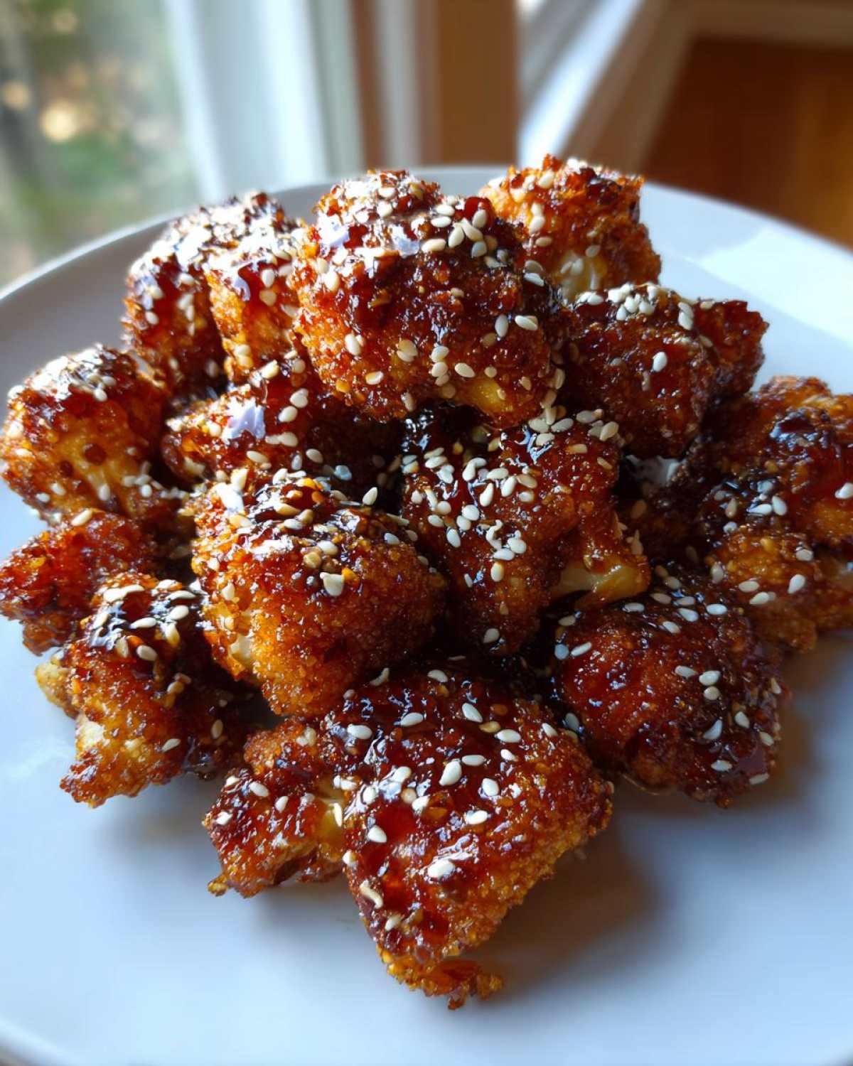 A pile of crispy Air Fryer Crispy Teriyaki Cauliflower florets coated in a glossy sauce and sprinkled with white sesame seeds.
