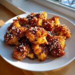 Close-up of crispy Air Fryer Crispy Teriyaki Cauliflower florets drizzled with sauce and sprinkled with sesame seeds.