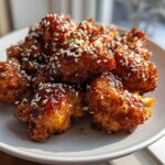 Close-up of Air Fryer Crispy Teriyaki Cauliflower florets coated in sticky sauce and sprinkled with sesame seeds.