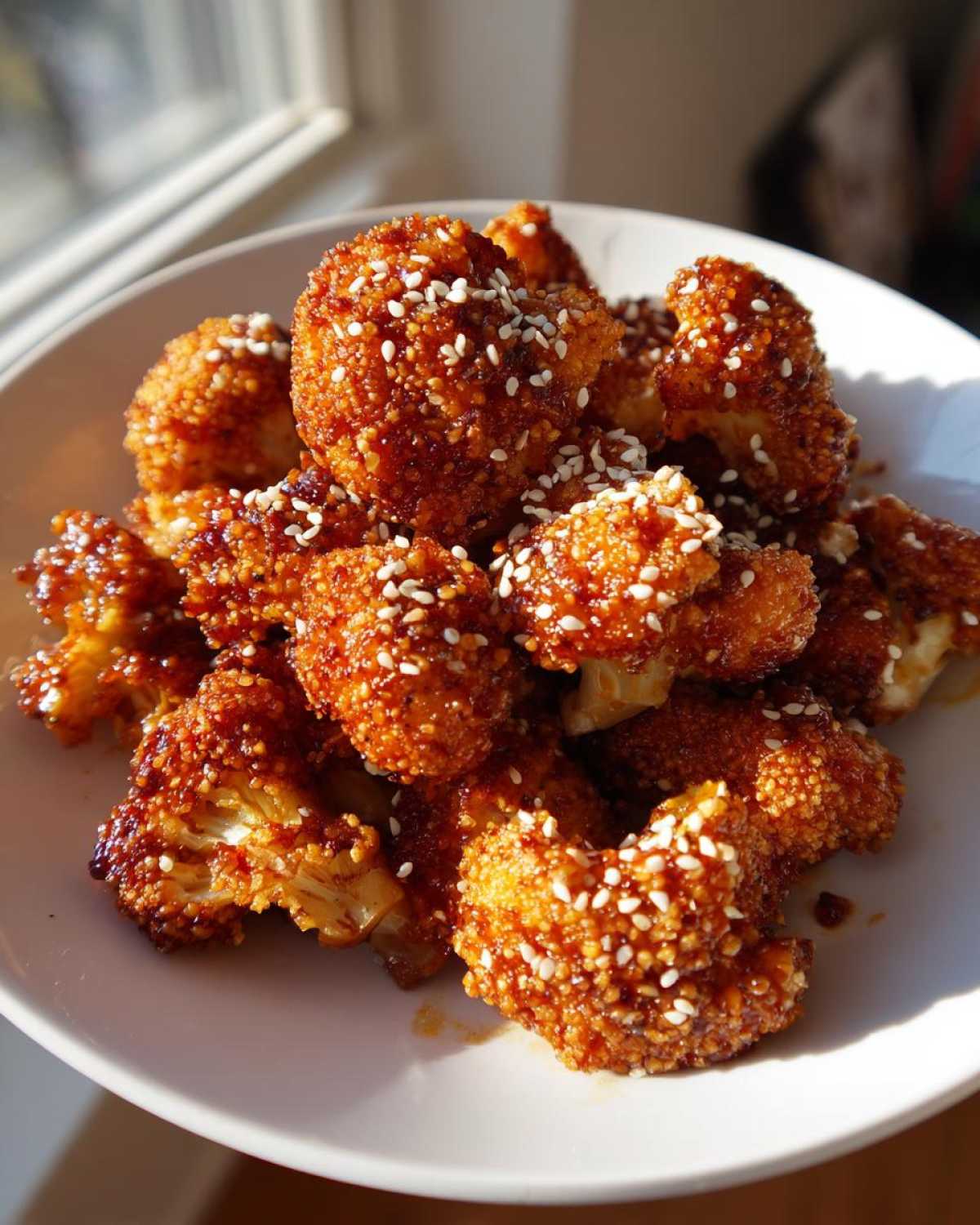 Close-up of crispy Air Fryer Crispy Teriyaki Cauliflower bites coated in sauce and sprinkled with white sesame seeds.