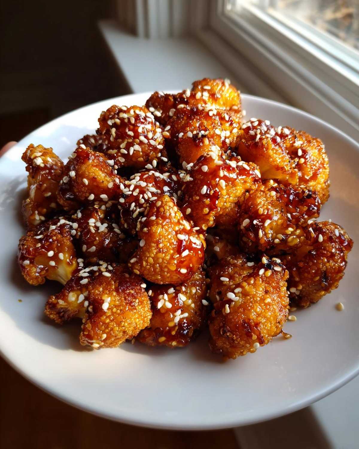 A white plate piled high with Air Fryer Crispy Teriyaki Cauliflower florets coated in a glossy sauce and sprinkled with sesame seeds.