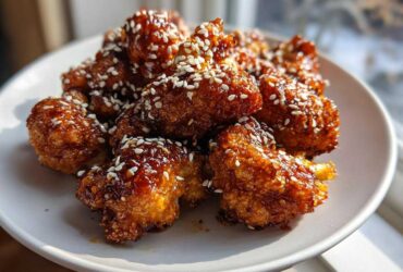 Close-up of Air Fryer Crispy Teriyaki Cauliflower florets coated in sticky sauce and sprinkled with sesame seeds.