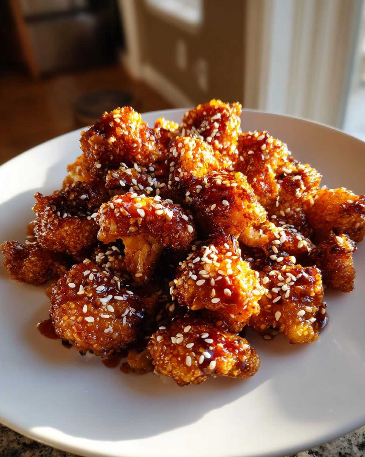 A pile of crispy Air Fryer Crispy Teriyaki Cauliflower florets coated in sticky sauce and sprinkled with white sesame seeds on a white plate.