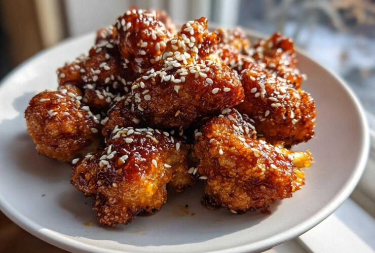 Close-up of Air Fryer Crispy Teriyaki Cauliflower florets coated in sticky sauce and sprinkled with sesame seeds.