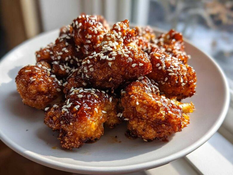 Close-up of Air Fryer Crispy Teriyaki Cauliflower florets coated in sticky sauce and sprinkled with sesame seeds.