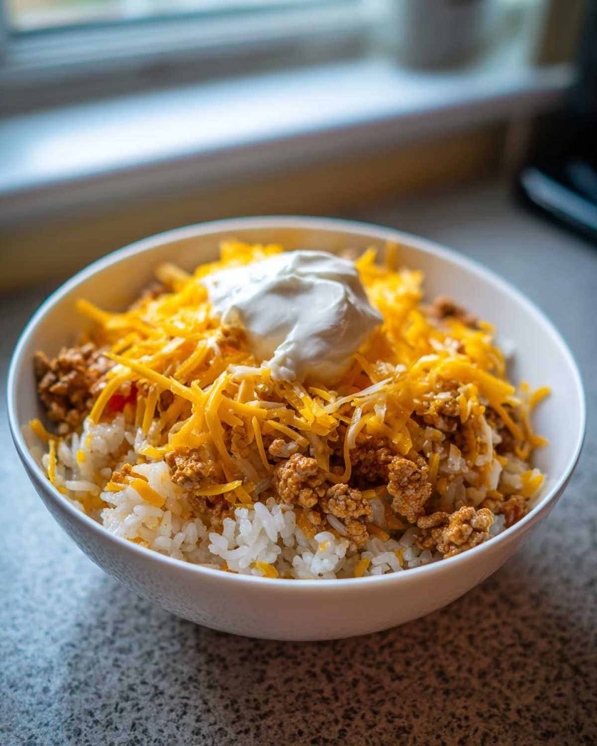 A close-up of an Air Fryer Crispy Turkey Taco Bowls serving with rice, seasoned turkey, shredded cheese, and sour cream.