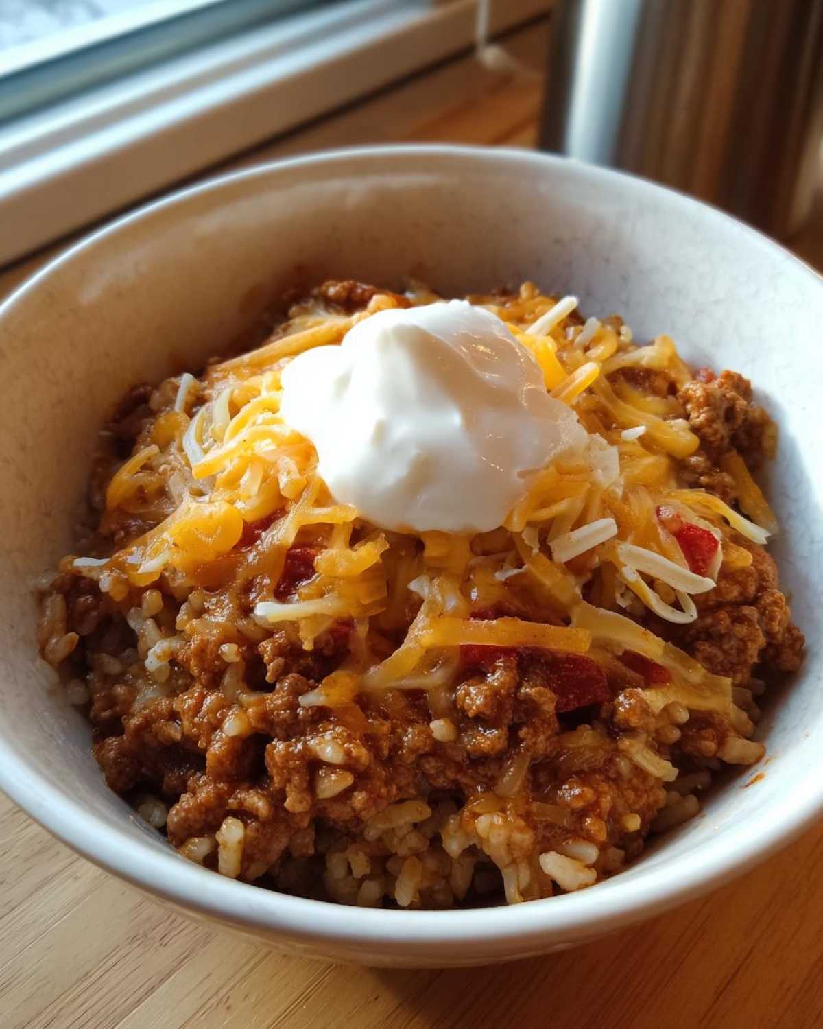 Close-up of a bowl filled with rice, seasoned ground turkey, shredded cheese, and a dollop of sour cream, representing Air Fryer Crispy Turkey Taco Bowls.