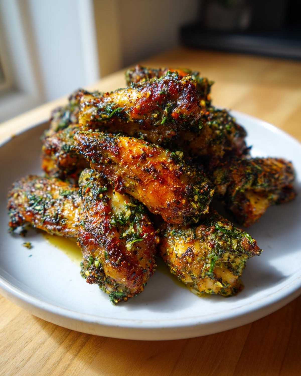 A close-up of a pile of golden brown Air Fryer Crispy Zaatar Chicken Wings coated heavily in green herbs and spices, resting on a white plate.