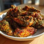 A white bowl piled high with golden brown Air Fryer Crispy Zaatar Chicken Wings, heavily seasoned with green herbs.