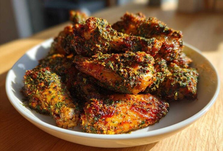 A white bowl piled high with golden brown Air Fryer Crispy Zaatar Chicken Wings, heavily seasoned with green herbs.