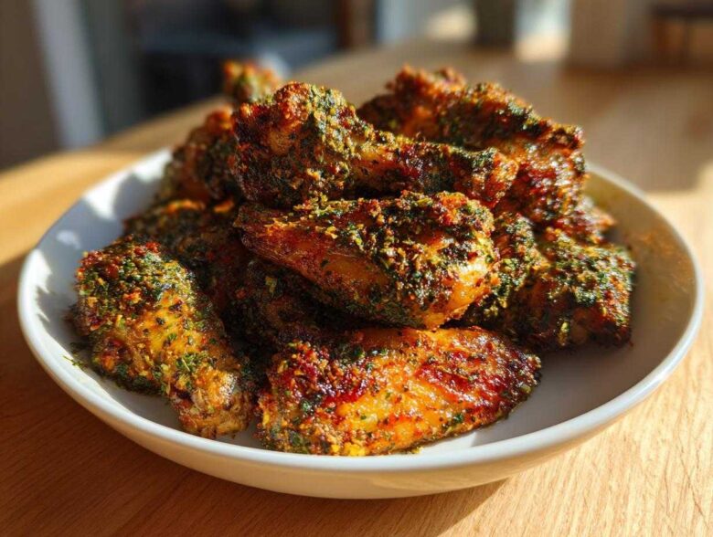 A white bowl piled high with golden brown Air Fryer Crispy Zaatar Chicken Wings, heavily seasoned with green herbs.