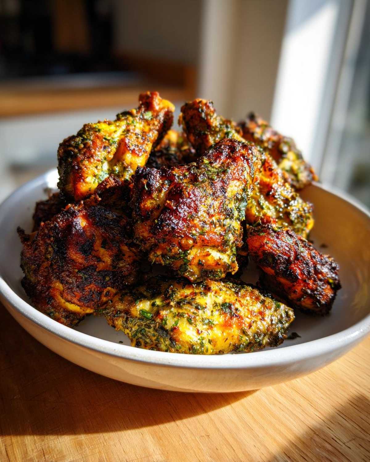 A bowl filled with golden brown, crispy Air Fryer Crispy Zaatar Chicken Wings, seasoned heavily with green herbs.