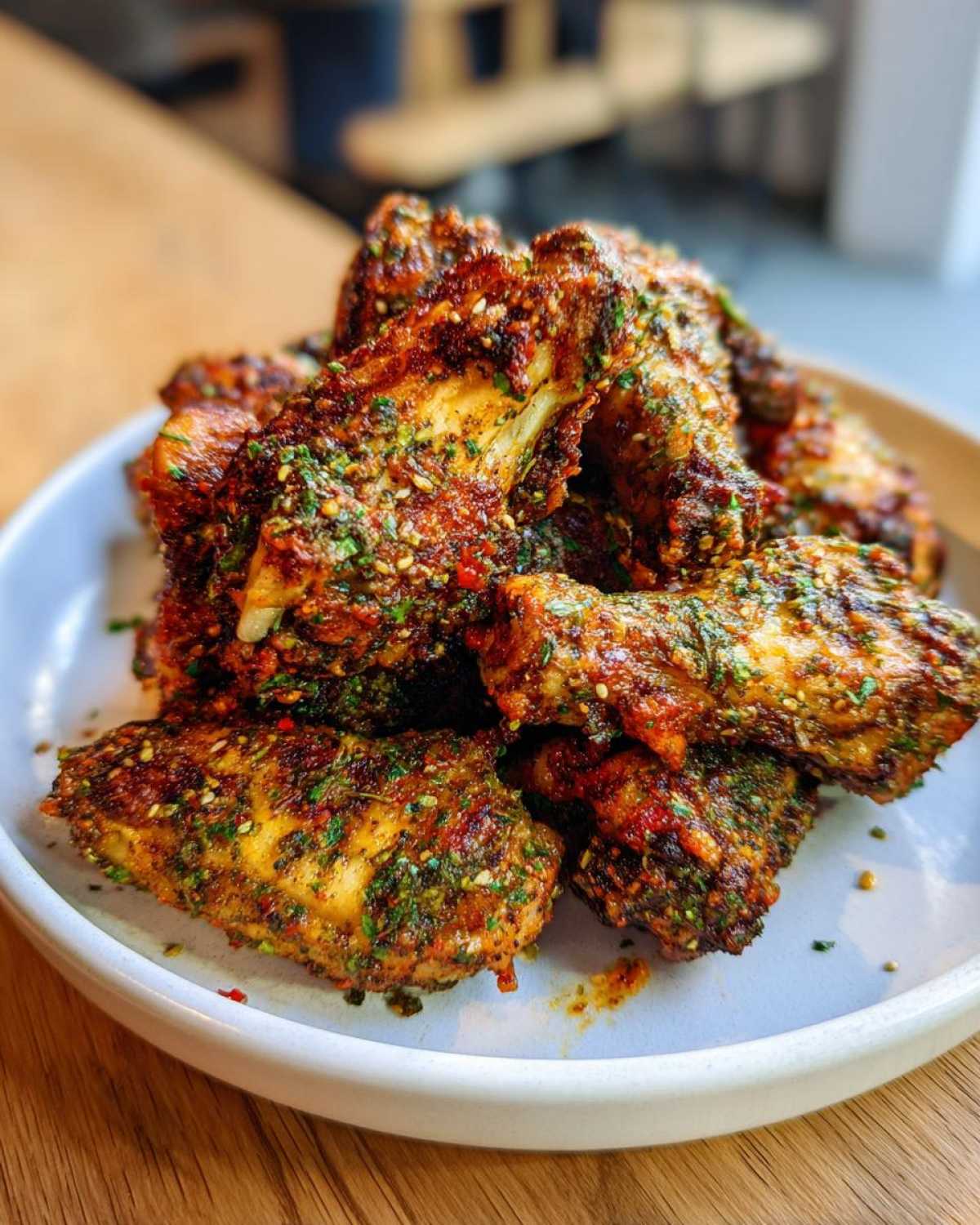 A close-up of a mound of crispy Air Fryer Crispy Zaatar Chicken Wings seasoned heavily with green herbs and spices.