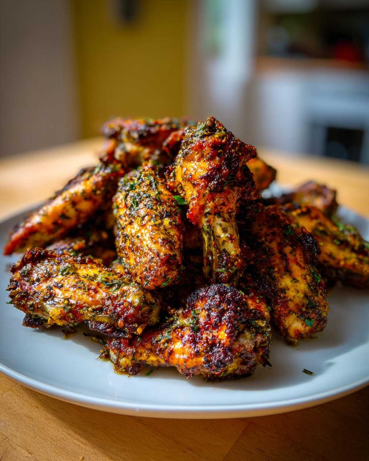 A close-up of a pile of Air Fryer Crispy Zaatar Chicken Wings on a white plate, showing a dark, seasoned, and crispy exterior.