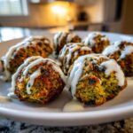 Close-up of golden brown Air Fryer Herb Falafel Balls drizzled generously with white tahini sauce on a white plate.