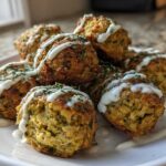 A pile of golden brown Air Fryer Herb Falafel Balls drizzled with white tahini sauce and sprinkled with herbs.