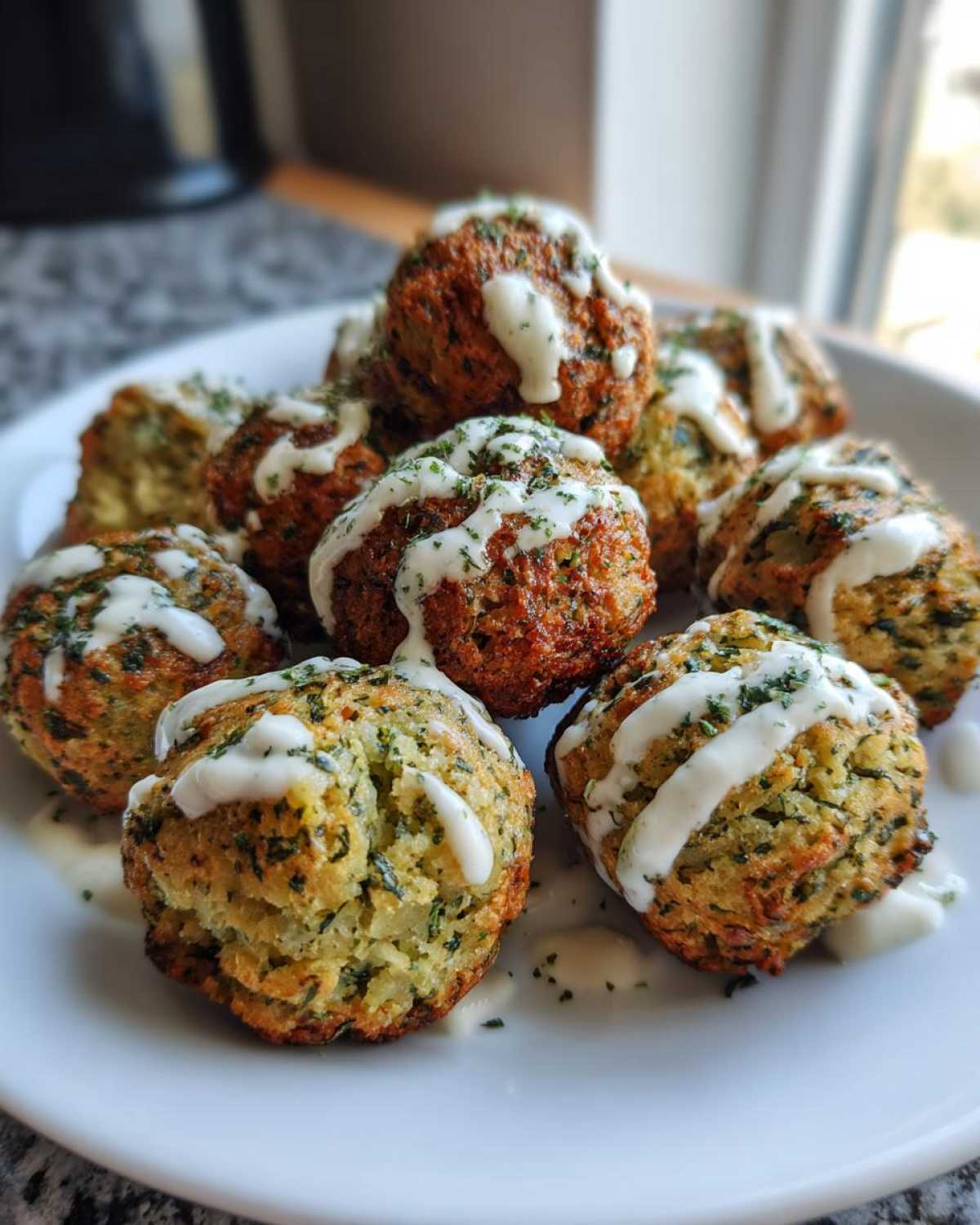 A close-up of golden brown Air Fryer Herb Falafel Balls stacked on a white plate, drizzled with white tahini sauce and sprinkled with herbs.