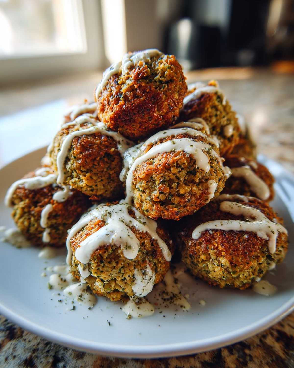 A stack of golden brown Air Fryer Herb Falafel Balls drizzled generously with creamy white tahini sauce.
