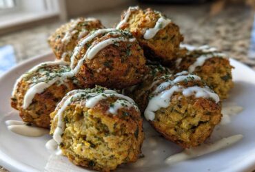 A pile of golden brown Air Fryer Herb Falafel Balls drizzled with white tahini sauce and sprinkled with herbs.