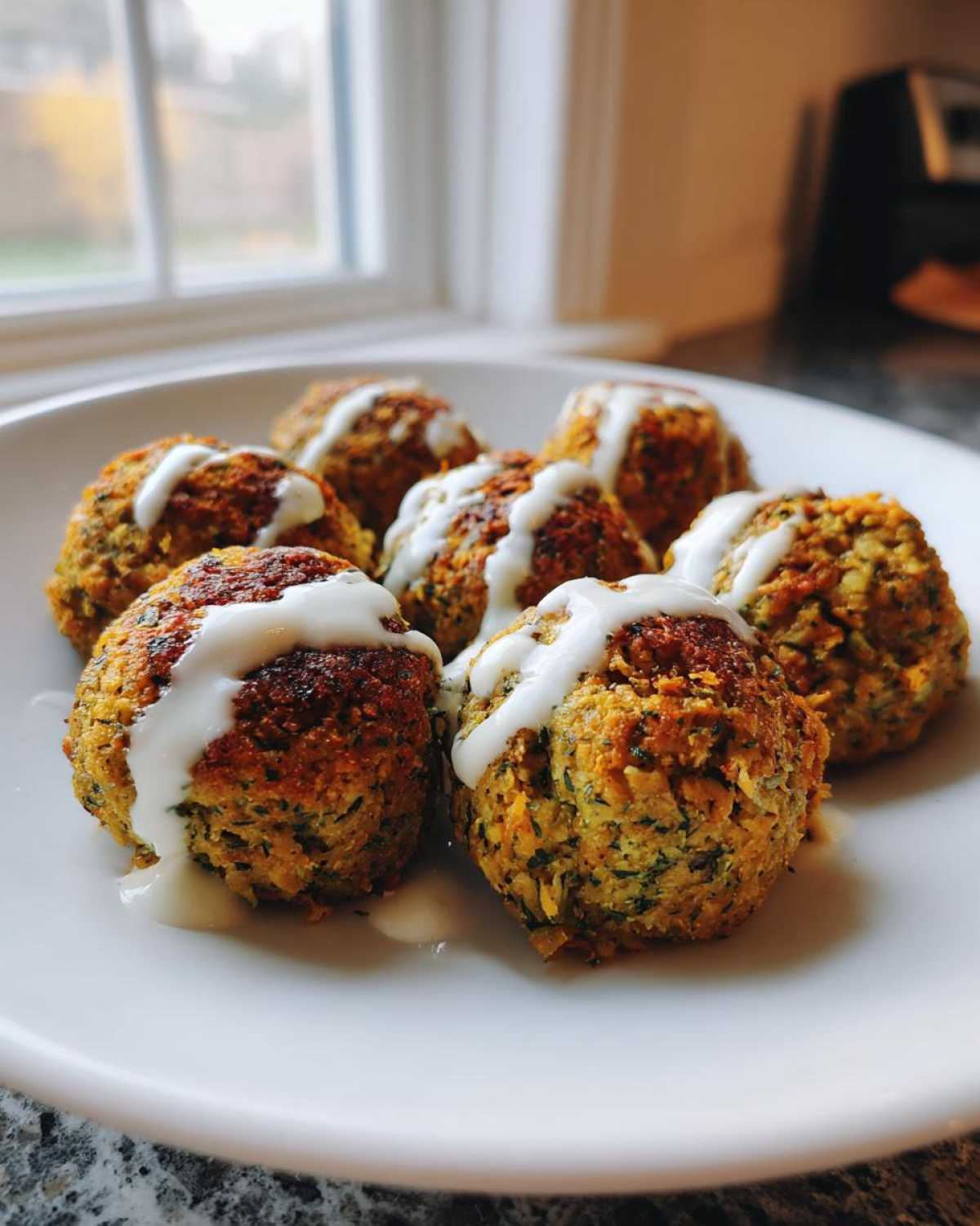 Close-up of crispy Air Fryer Herb Falafel Balls drizzled with white tahini sauce on a white plate.