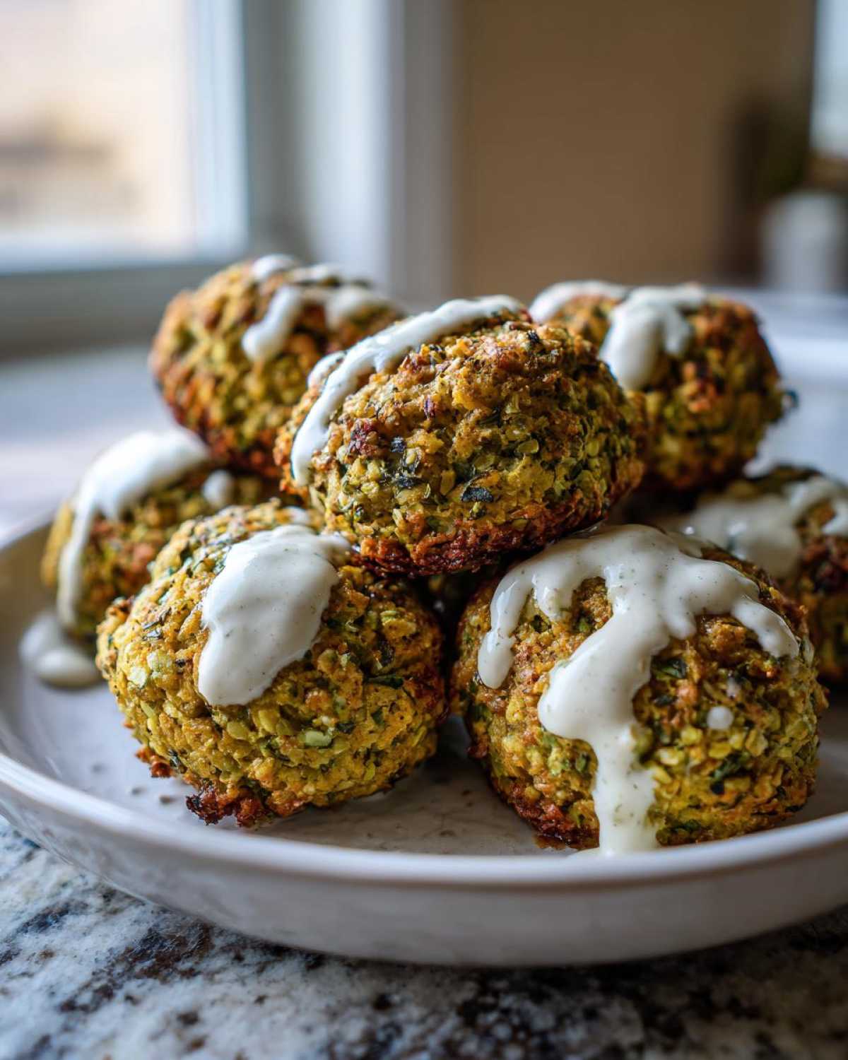 A close-up stack of golden brown Air Fryer Herb Falafel Balls drizzled generously with white tahini sauce.