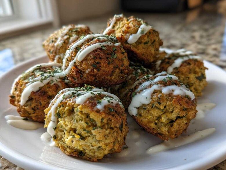 A pile of golden brown Air Fryer Herb Falafel Balls drizzled with white tahini sauce and sprinkled with herbs.