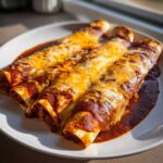 Three rolled chicken enchiladas covered in rich red sauce and melted cheddar and Monterey Jack cheese.