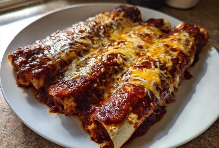 Three rolled chicken enchiladas smothered in rich red sauce and topped with melted cheddar and Monterey Jack cheese.