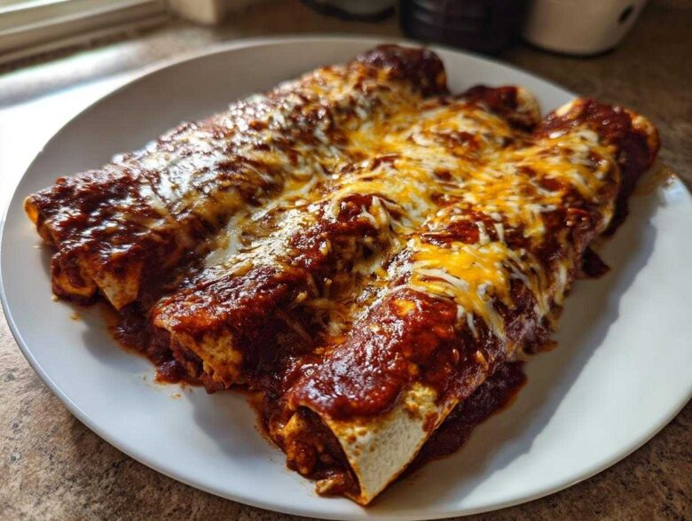Three rolled chicken enchiladas smothered in rich red sauce and topped with melted cheddar and Monterey Jack cheese.