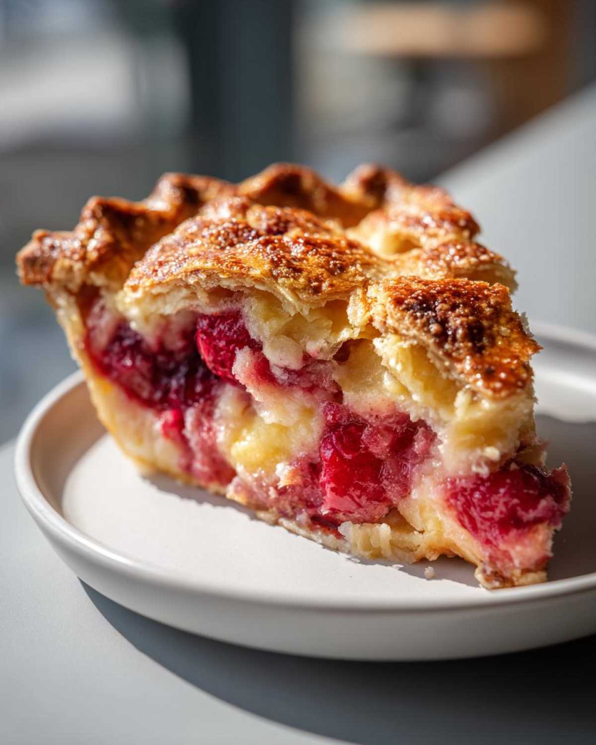 Close-up of a slice of berry pie showing perfectly set filling consistency, highlighting the flaky crust.