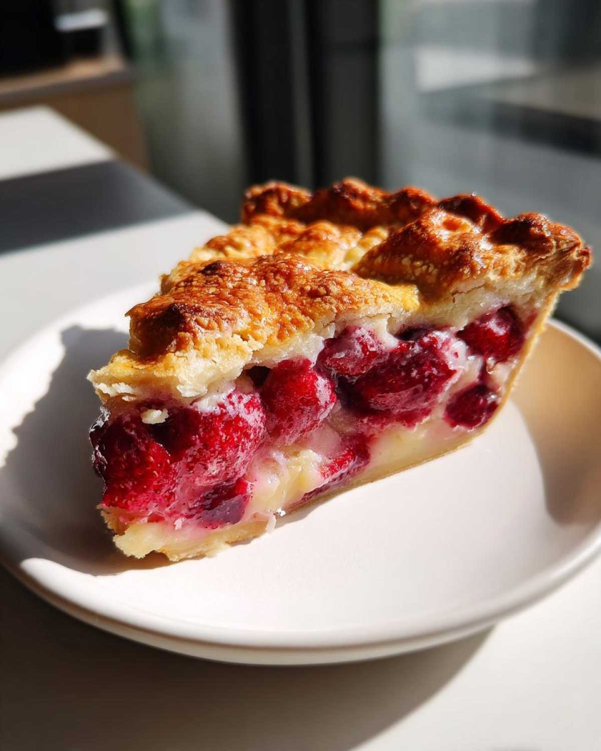 A slice of berry pie with a golden crust showing a thick, creamy filling consistency packed with bright red berries.