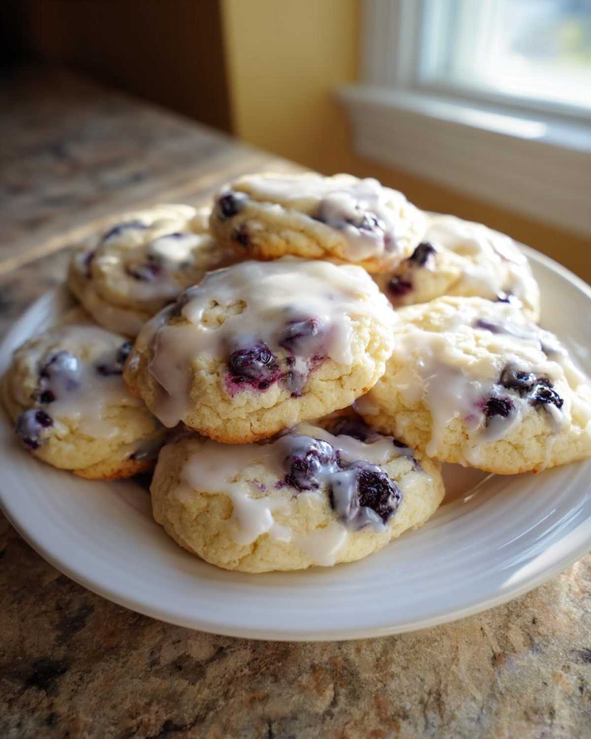 A stack of soft Blueberry Cookies Lemon Glaze on a white plate, drizzled with bright white icing.