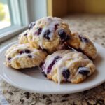 A stack of freshly baked Blueberry Cookies Lemon Glaze drizzled with white icing, sitting on a white plate.