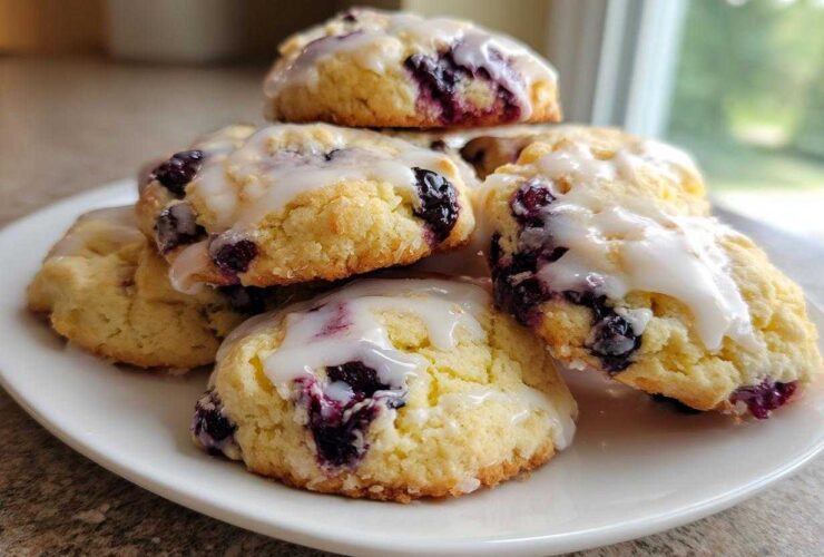 A stack of soft, golden Blueberry Cookies Lemon Glaze drizzled with white icing on a white plate.