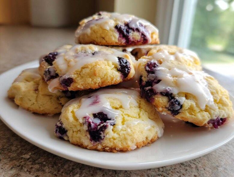 A stack of soft, golden Blueberry Cookies Lemon Glaze drizzled with white icing on a white plate.