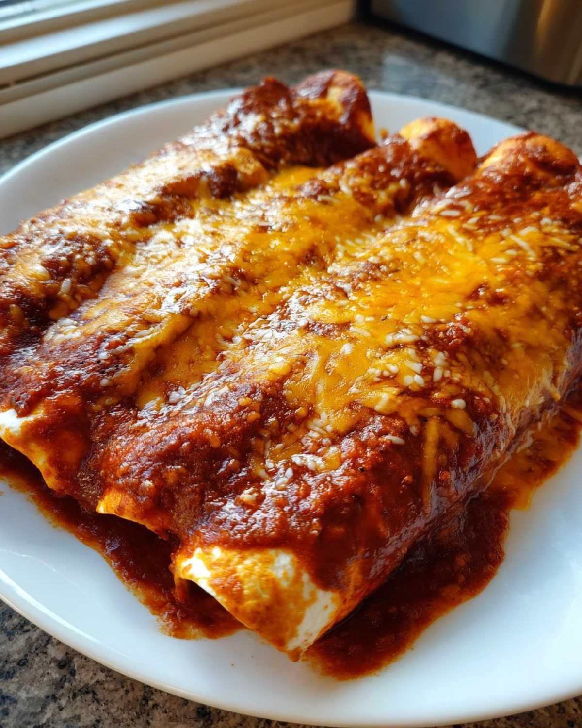 Three rolled chicken enchiladas covered in rich red sauce and melted cheddar cheese on a white plate.