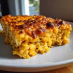 A close-up of a hearty slice of Cheesy Lentil Bake Comfort Food with a deeply browned, bubbly cheese crust.