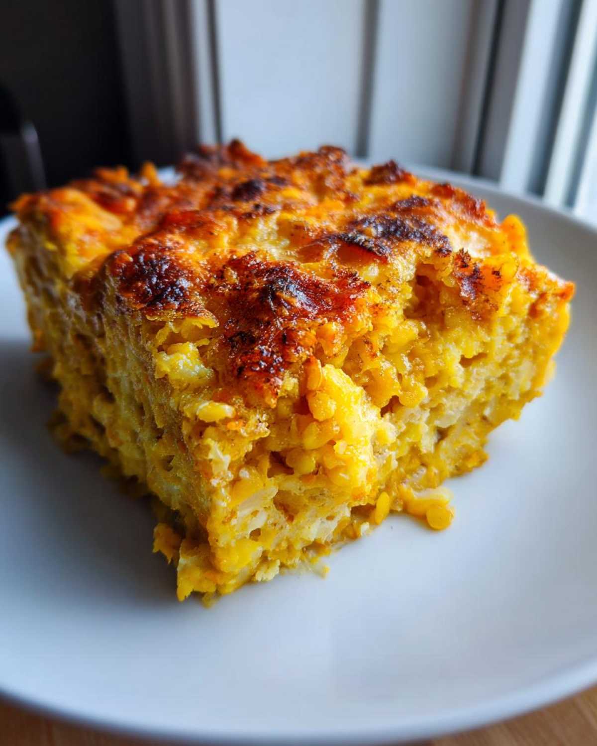 A close-up of a hearty square slice of Cheesy Lentil Bake Comfort Food with a deeply browned, cheesy top crust.