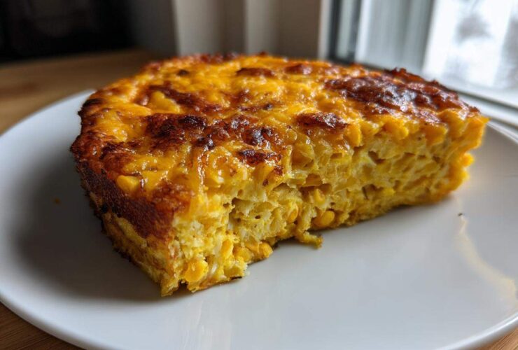 A close-up of a baked slice of Cheesy Lentil Bake Comfort Food with a golden, bubbly cheese crust.