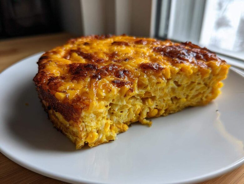 A close-up of a baked slice of Cheesy Lentil Bake Comfort Food with a golden, bubbly cheese crust.